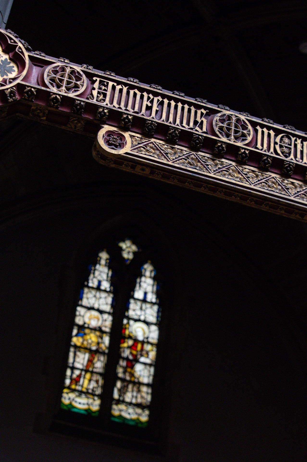 Large stained glass east window above the sanctuary
